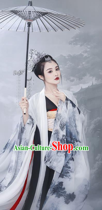 Chinese Ancient Princess Ink Painting Hanfu Dress Traditional Tang Dynasty Costumes Palace Lady Apparels and Headwear