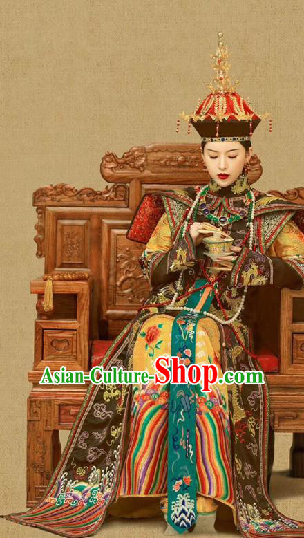 Chinese Ancient Manchu Queen Ruyi Embroidered Dress Traditional Qing Dynasty Court Empress Costumes and Phoenix Hat