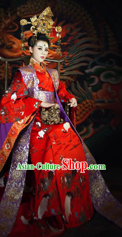 Chinese Traditional Court Consort Costumes Ancient Imperial Empress Embroidered Red Dress and Headdress