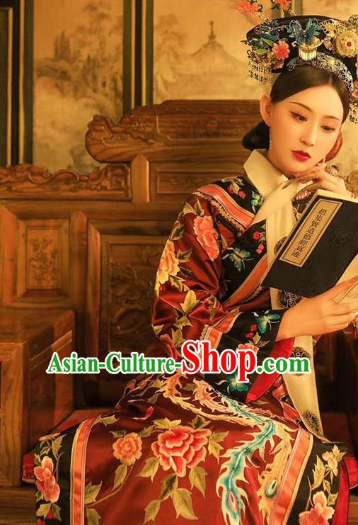 China Ancient Clothing Traditional Qing Dynasty Court Empress Costumes Royal Queen Embroidered Red Dress and Headpieces