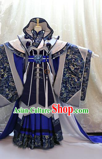 Cosplay Royal King Commander Costumes Custom China Ancient Swordsman Beiming Huangyuan Blue Clothing