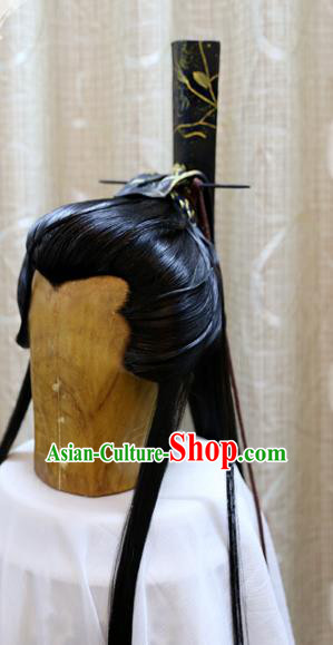 Cosplay Swordsman Jian Feidao Wig Sheath Handmade China Ancient Warrior Black Wigs Style and Hair Accessories