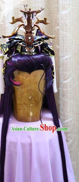 Cosplay Dragon King Wig Sheath Handmade China Ancient Swordsman Prince Purple Wigs Style and Hair Accessories