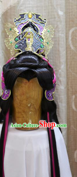 Cosplay Warrior Knight Wig Sheath Handmade China Ancient Swordsman Wigs Style and Purple Hair Crown