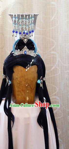 Cosplay Crown Prince Beiming Huangyuan Wig Sheath Handmade China Ancient Swordsman Wigs Style and Tassel Hair Crown