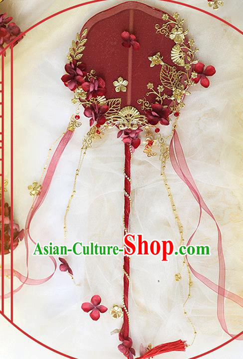 China Classical Red Palace Fans Handmade Hanfu Silk Fans Ribbon Fan