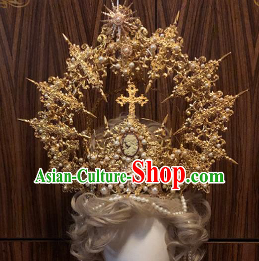 Halloween Cosplay Goddess Church Deluxe Golden Royal Crown Handmade Hair Accessories Baroque Headwear