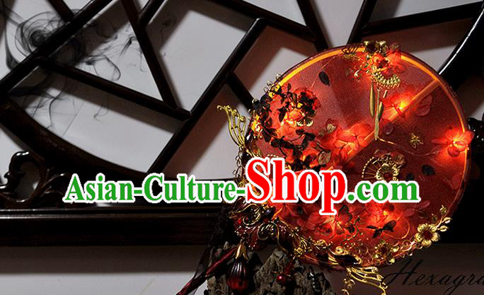 China Traditional Hanfu Fans Handmade Classical Wedding Palace Fan Red Silk Round Fan with LED Lights