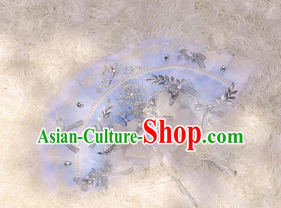 Handmade Wedding Blue Feather Folding Fans Classical Bride Fan Accordion