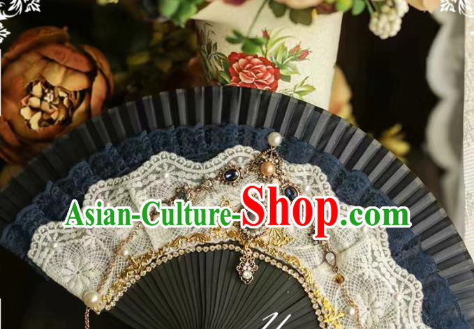 Handmade European Court Folding Fans Classical Dowager Fan Black Lace Accordion