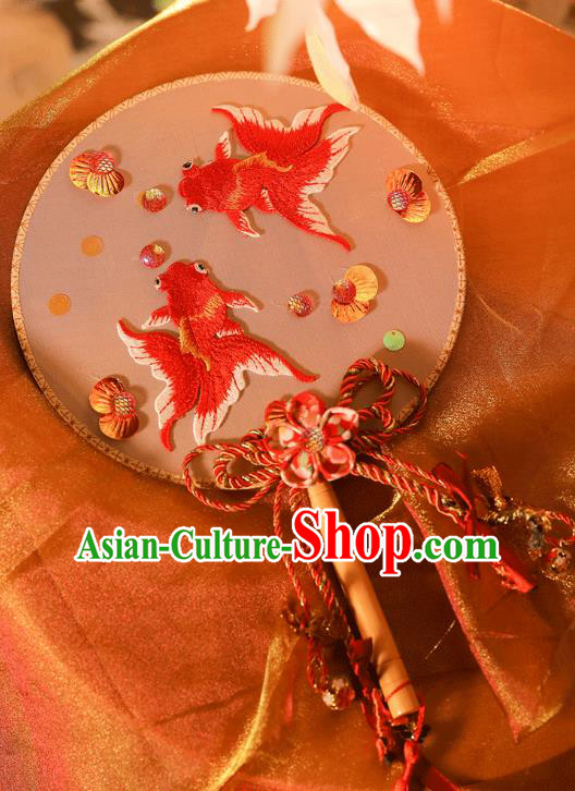 China Traditional Palace Fans Handmade Classical Silk Fan Embroidered Goldfish Round Fan