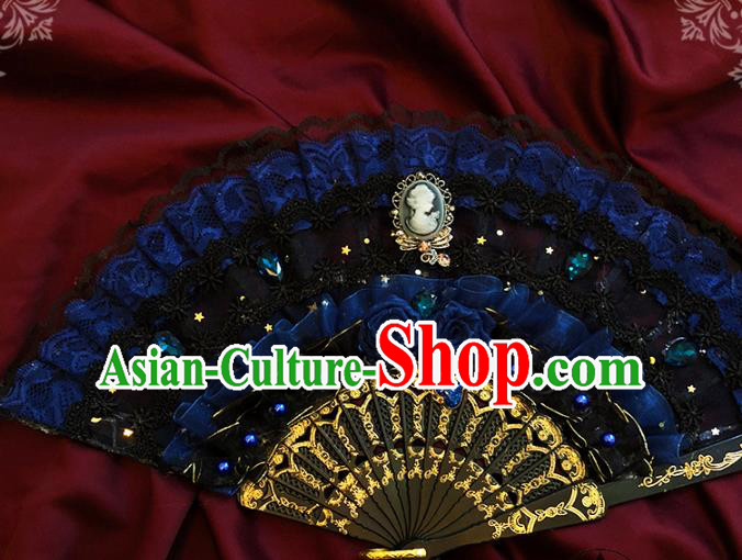 Handmade Blue Silk Roses Folding Fans Classical European Court Fan Victorian Era Lace Accordion