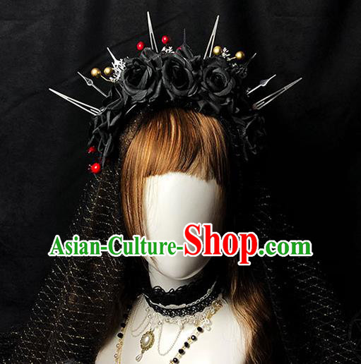 Halloween Cosplay Black Roses Royal Crown Handmade Hair Accessories Stage Show Gothic Princess Headwear