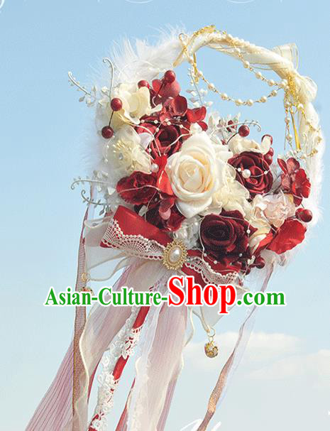 China Traditional Wedding Fans Handmade Classical Bride Palace Fan Rose Flowers Fan with LED Lights