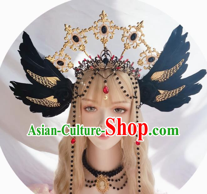 Halloween Cosplay Lolita Black Feather Royal Crown Stage Show Gothic Headwear Handmade Hair Accessories