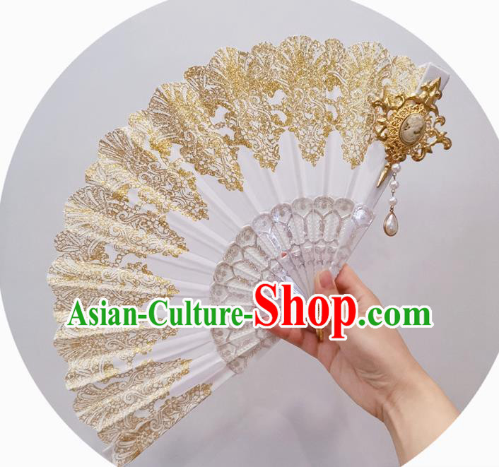 Handmade Retro White Lace Folding Fans Classical Bridal Fan Court Wedding Accordion