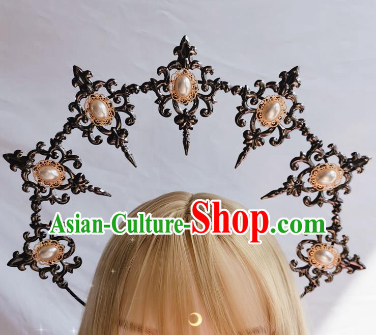 Handmade Pearls Black Aureole Royal Crown Halloween Stage Show Headwear Cosplay Gothic Princess Hair Accessories