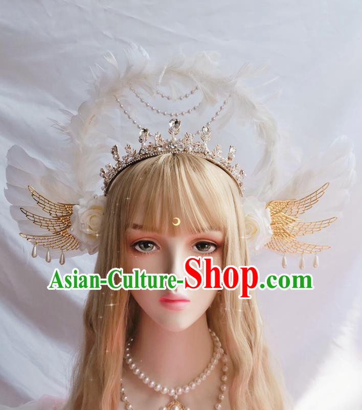 Handmade Cosplay Hair Accessories White Feather Aureole and Angel Royal Crown Halloween Stage Show Headwear