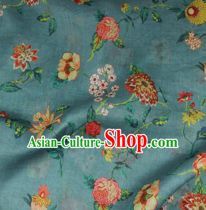 Chinese Printing Flowers Pattern Blue Ramine Fabric Traditional Linen Drapery Asian Qipao Dress Flax Cloth