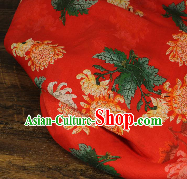 Chinese Printing Chrysanthemum Pattern Red Ramine Fabric Traditional Linen Drapery Asian Qipao Dress Flax Cloth