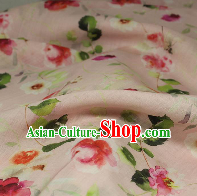 Chinese Printing Flowers Petal Pattern Ramine Fabric Traditional Linen Drapery Asian Qipao Dress Light Pink Flax Cloth