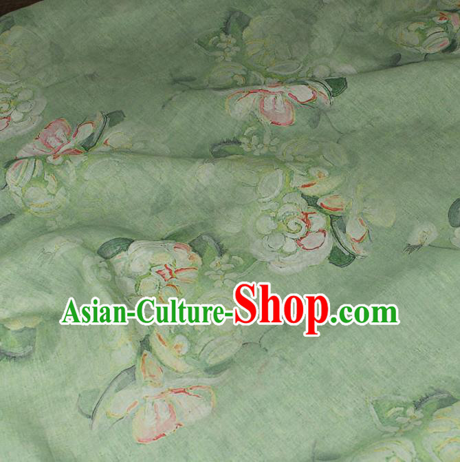 Asian Qipao Dress Light Green Flax Cloth Chinese Printing Flowers Pattern Ramine Fabric Traditional Linen Drapery