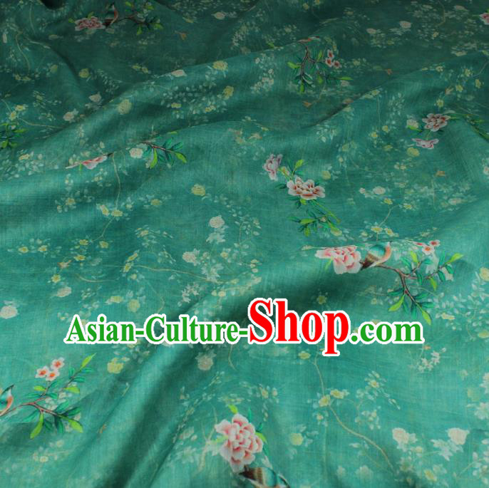 Chinese Printing Peony Bird Pattern Green Ramine Fabric Traditional Linen Drapery Asian Qipao Dress Flax Cloth