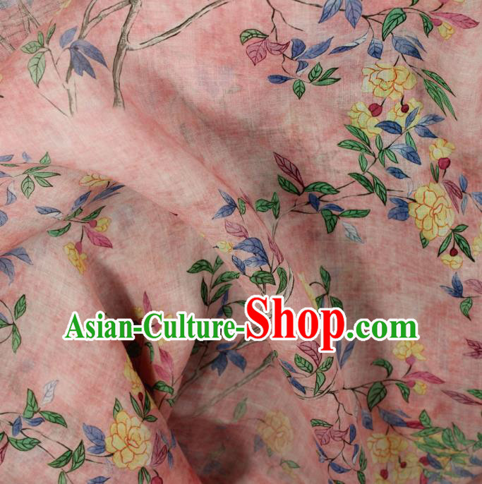 Chinese Pink Flax Cloth Traditional Printing Flowers Pattern Ramine Fabric Asian Qipao Dress Linen Drapery