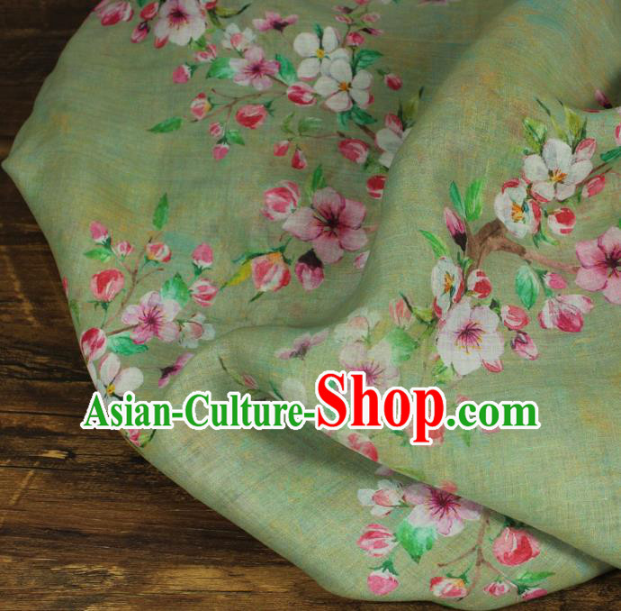 Chinese Light Green Flax Cloth Asian Qipao Dress Linen Drapery Traditional Printing Peach Flowers Pattern Ramine Fabric