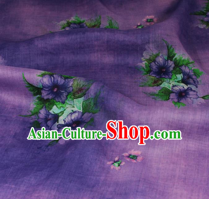 Chinese Purple Flax Cloth Traditional Printing Lili Flowers Pattern Ramine Fabric Asian Qipao Dress Linen Drapery