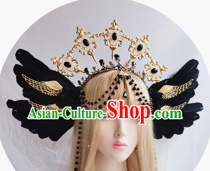 Handmade Cosplay Black Angel Feather Hair Accessories Halloween Stage Show Headwear Aureole and Royal Crown