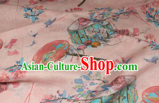 Chinese Printing Round Fan Pattern Pink Flax Fabric Qipao Dress Ramine Cloth Traditional Asian Linen Drapery