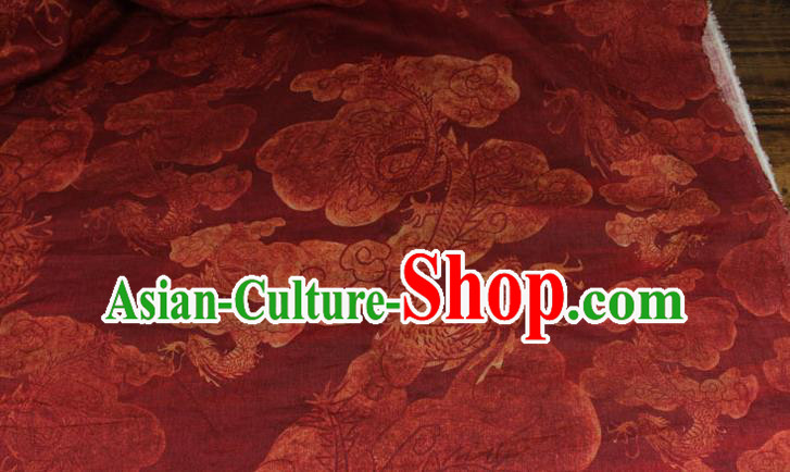 Chinese Printing Dragon Pattern Drak Red Flax Fabric Qipao Dress Cloth Traditional Asian Tang Suit Linen Drapery