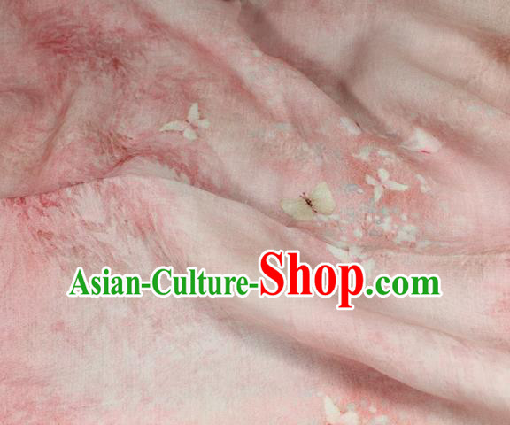 Chinese Traditional Butterfly Pattern Pink Flax Fabric Qipao Dress Cloth Asian Linen Drapery