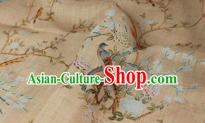 Chinese Traditional Flowers Birds Pattern Beige Flax Asian Tang Suit Linen Drapery Qipao Dress Cloth Fabric