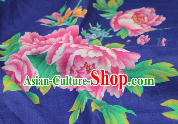 Chinese Traditional Peony Pattern Deep Blue Flax Asian Linen Drapery Qipao Dress Cloth Quilt Cover Fabric