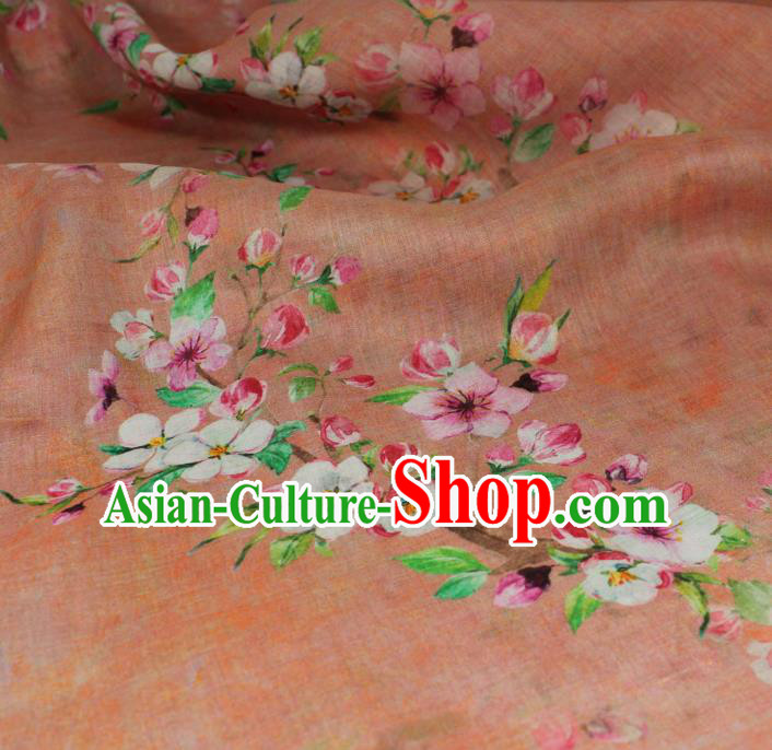 Chinese Printing Peach Blossom Pattern Pink Ramine Fabric Flax Cloth Traditional Asian Qipao Dress Linen Drapery