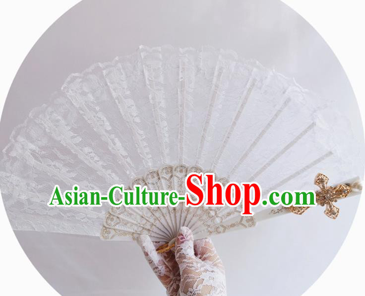 Handmade Retro Bridal Folding Fans Classical Fan Court Wedding White Lace Accordion