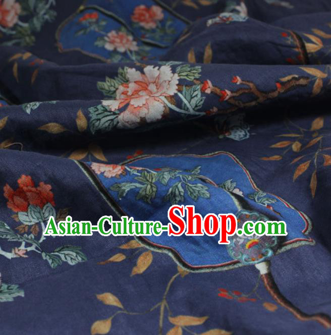 Chinese Printing Peony Fan Pattern Navy Flax Fabric Qipao Dress Cloth Traditional Asian Linen Drapery