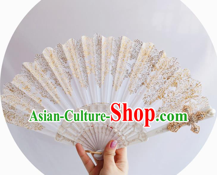 Classical Wedding White Lace Fan Handmade Retro Court Folding Fans Crucifix Accordion