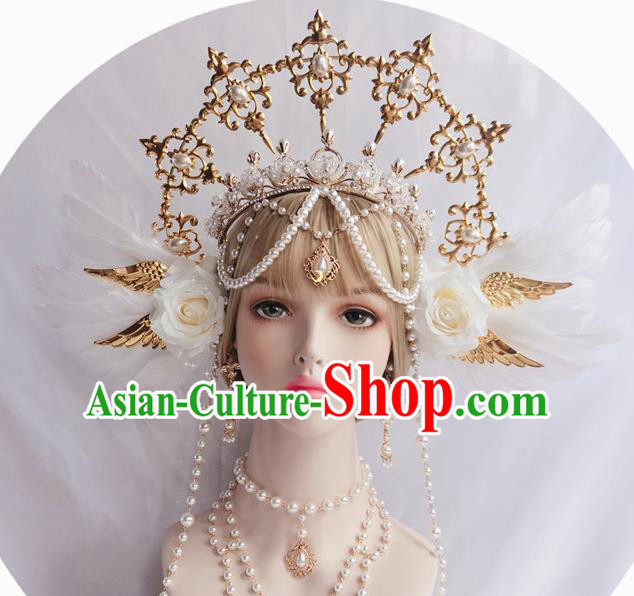 Halloween Stage Show Princess Headwear White Roses Aureole and Royal Crown Handmade Wedding Hair Accessories