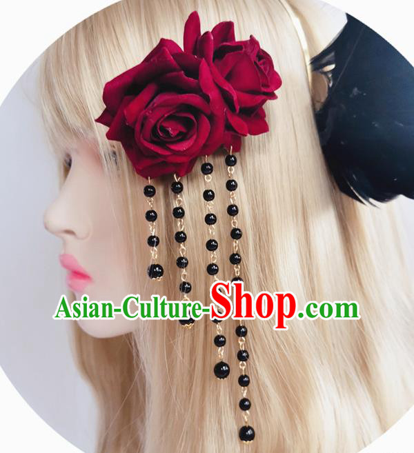 Handmade Gothic Red Rose Hair Stick Halloween Stage Show Headwear Tassel Hair Claw Hair Accessories