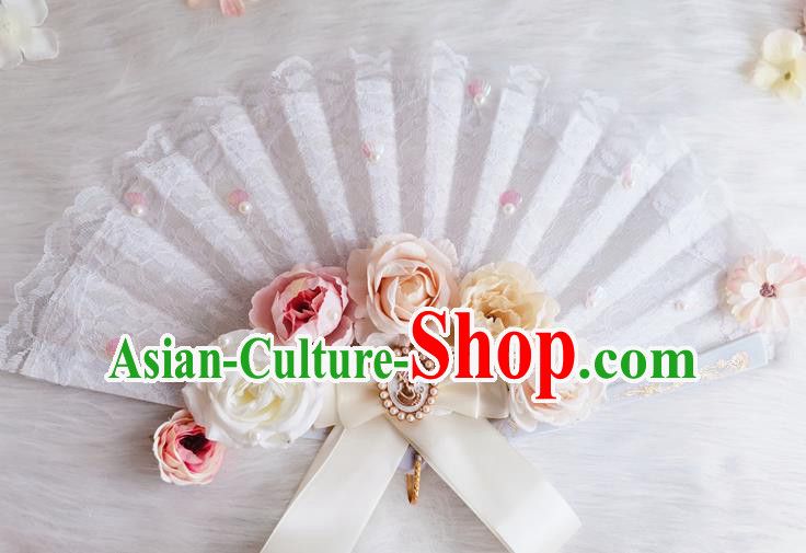 Classical Europe Court White Lace Fan Handmade Retro Folding Fans Rose Flowers Accordion