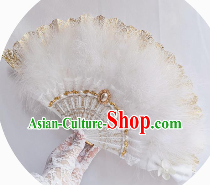 Classical Europe Court Fan Handmade Retro Folding Fans White Feather Accordion