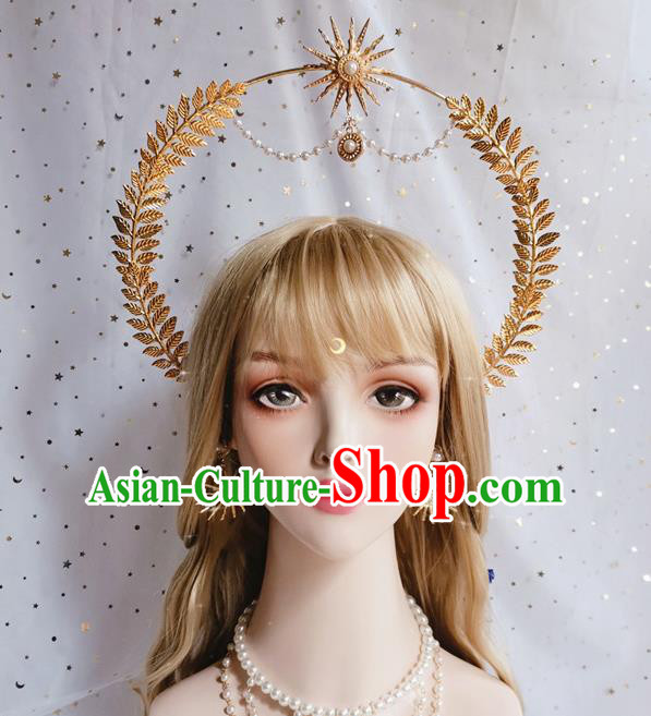 Handmade Golden Leaf Royal Crown Halloween Stage Show Hair Accessories Cosplay Goddess Aureole Hair Clasp