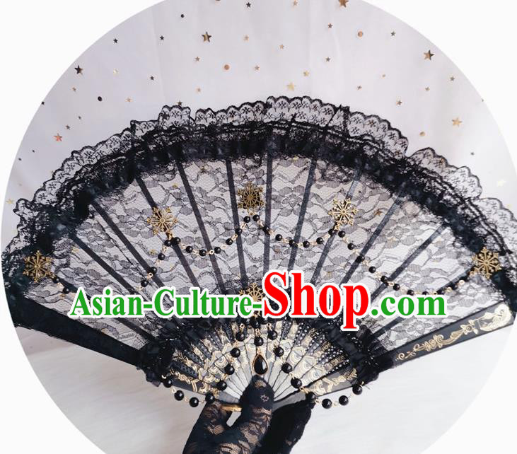 Classical Gothic Black Lace Fan Handmade Dance Folding Fans Europe Court Retro Black Lace Accordion