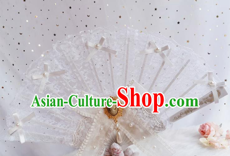 Classical Retro White Lace Fan Handmade Dance Folding Fans Europe Court Princess Bowknot Accordion