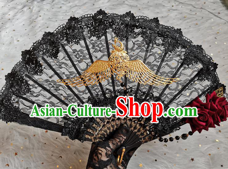 Classical Golden Phoenix Fan Handmade Europe Court Dance Folding Fans Gothic Black Lace Accordion