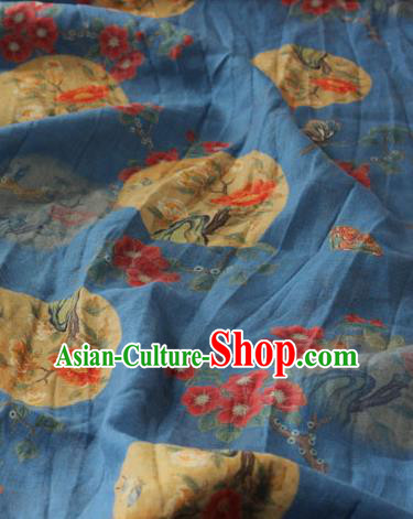 Asian Chinese Printing Flowers Birds Pattern Blue Flax Fabric Traditional Qipao Dress Cloth Linen Drapery