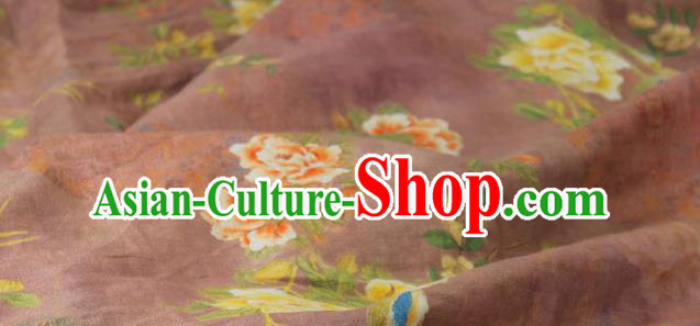 Chinese Traditional Printing Peony Birds Pattern Rust Red Flax Fabric Linen Drapery Asian Qipao Dress Cloth